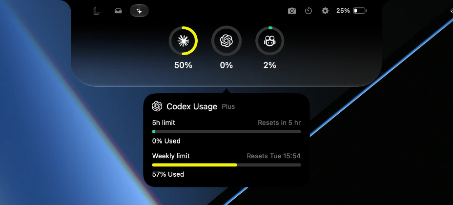 Lenotch AI usage rings with a Codex usage popover